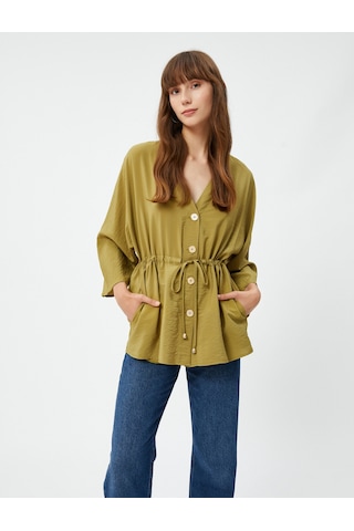 Koton Düğmeli Kimono Bluz Beli Bağlamalı Kısa Kollu Dokulu Haki 4wak50102uw