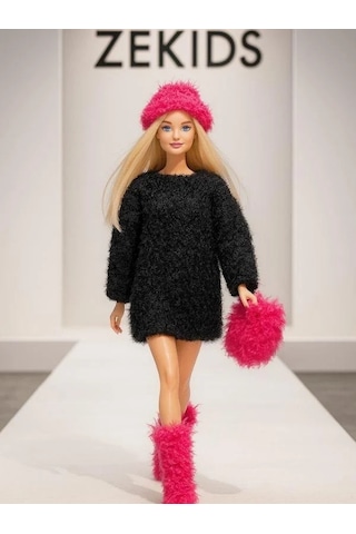 Barbie Bebek İçin El Örgüsü Kazak Çanta Şapka Ayakkabı Dörtlü Set Barbie Bebek Dahil Değildir -15936