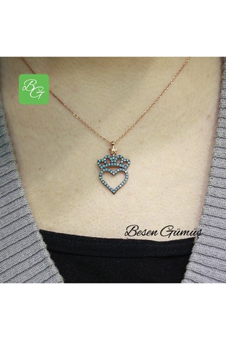 Firuze Taşlı Kraliçe Tacı Ve Kalp Temalı Kolye Rose - Gold - Gümüş