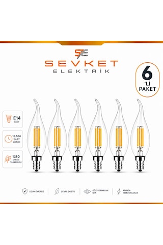 6w E14 Şeffaf Günışığı Kıvrık Mum Rustik Led Ampul 6 Adet