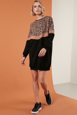 Lela Leopar Desenli Renk Bloklu Oversize Bisiklet Yaka Bayan Tunik 5863604 Siyah