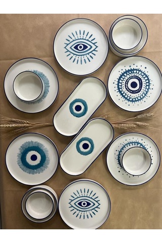 Kevin Seramik 14 Parça 6 Kişilik Nazar Boncuklu Stackable Kahvaltı Takımı&Lüx Sunum Tabakları Mavi Beyaz