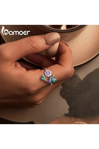 Bamoer 925 Ayar Gümüş Emaye Yusufçuk Açılış Yüzük Parlak Zirkon Çiçek Ayarlanabilir Yüzük Kadınlar İçin Parti Güzel Takı Hediye