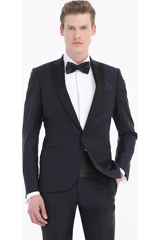 Ramsey Lacivert Düz Fashion Slim Fit Kruvaze Yaka Dokuma Smokin Takım Elbise