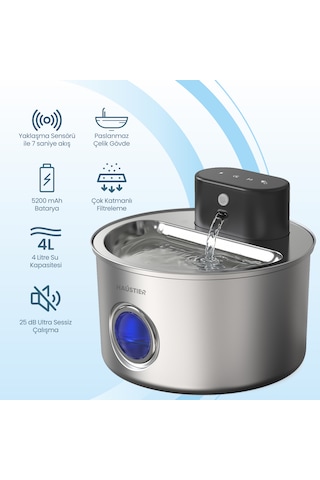 Haustier Wf014 Otomatik Kablosuz Kedi Su Pınarı, Sensörlü , Bataryalı , Ultra Sessiz, Çelik , 4lt Hazne