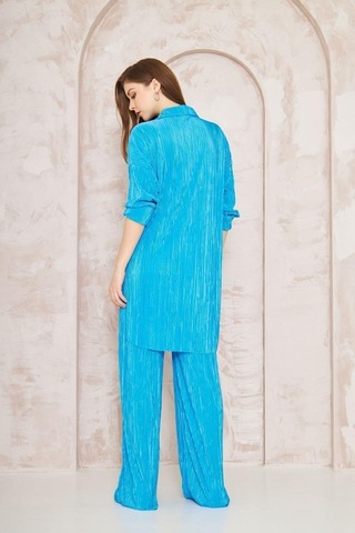 Kadın Pliseli Beli Lastikli Pantolon Tunik Gömlek Ikili Bürümcük Salaş Takım 3573300 Mavi