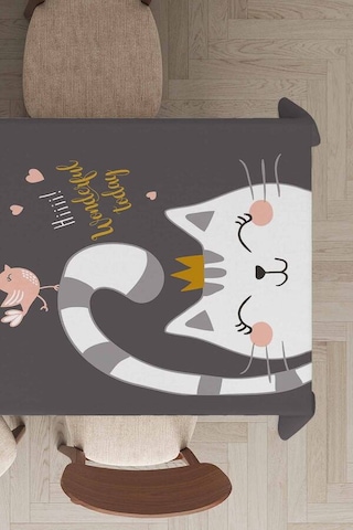 Gri Kedi Desenli Dokuma Leke Tutmaz Masa Örtüsü Mso440n11