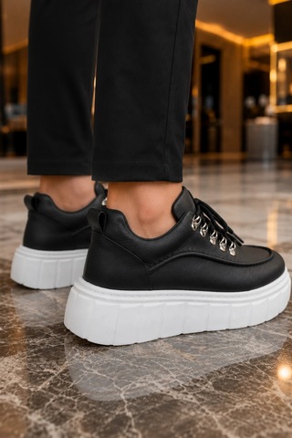 Mevese Duolc Bağcıklı Cilt Erkek Günlük Rahat Taban Sneaker Ayakkabı - Siyah Beyaz