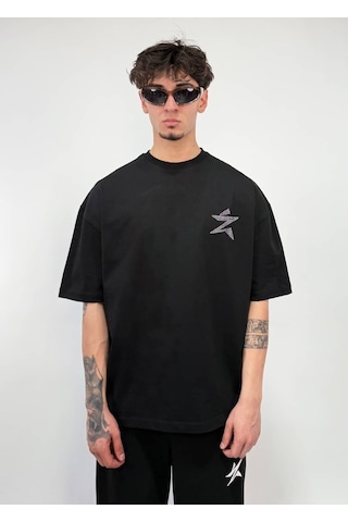 Zaee Star Taşlı Oversize Premium Tişört Siyah