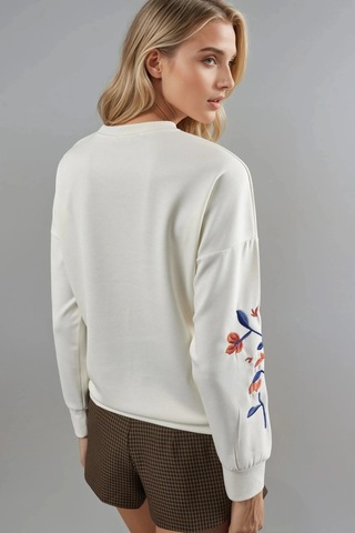 Fiolin Modal Dokulu İşlemeli Bisiklet Yaka Sweatshirt Ekru