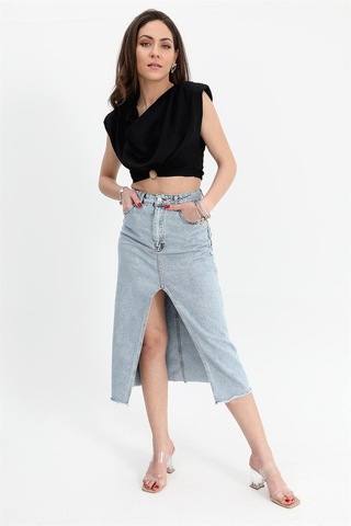 Kot Etek Önü Yırtmaçlı Eteği Püsküllü - Mavi-mavi Mavi