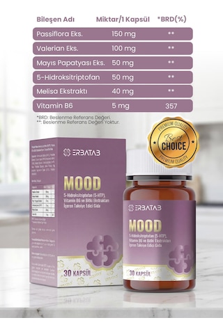 Erbatab Mood 30 Kapsül Passiflora Valerian Ve Melisa Ekstraktları İçeren Takviye Edici Gıda 30 Kapsül