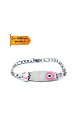 316l Çelik Pembe Nazar Boncuklu Hello Kitty Çocuk Bileklik Blk-961 Gümüş