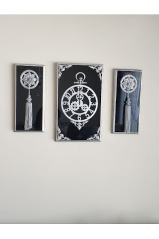 Bymelekoğlu 3'lü Çerçeveli Aynalı Takım Saati Duvar Saati Gümüş