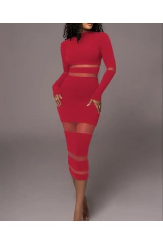 Kadın Şerit Transparan Detay Fırsat Ürün Midi Boy Elbise Kırmızı