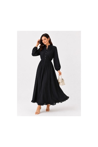 Hira Life Fashion Kadın Çilek Kumaş Ve Önü Düğmeli Eteği Fırfırlı Hakim Yaka Elbise Siyah Siyah