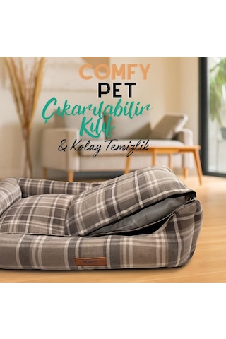 Comfy Pet Kedi Ve Köpek Yatağı Bej/oeko-tex Sertifikalı Dokuma Kumaş, Yıkanabilir Fermuarlı Minder, Destekleyici Yapı, Kaydırmaz Taban Bej, Large 58 70 22 Cm