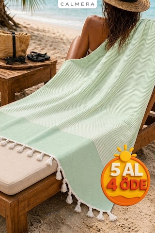 Calmera Çizgili Peştemal Pamuk - Doğal Saçaklı Plaj, Deniz, Havuz, Spa, Sauna, Spor, Seyahat Havlu Yeşil