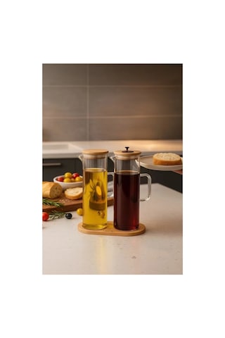 Bambu Altlıklı 2 Li Cam Yağlık & Sirkelik Seti 400 Ml Şeffaf