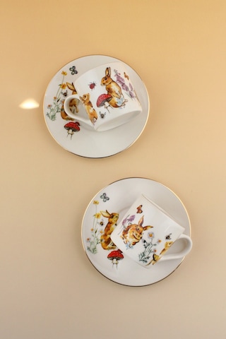 Retro Tavşan Altın Yaldızlı İki Kişilik Kahve Fincan Takımı Beyaz - Altın