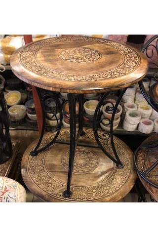 Eskitme Ahşap Ferforje Yuvarlak Sehpa 53x53x55 Cm. Siyah