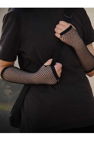 Tezzgelsin Gothic Düz Güpürlü Kalın Fileli Ikili Kolluk Kesik Parmak Ikili Kolluk Siyah