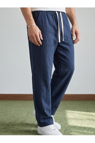 Danger Erkek Baggy Kalıp Beli Lastikli Pamuk Keten Görünümlü Pantolon Lacivert 1007dngr