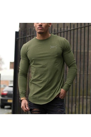 Asker Yeşili Muscleguys Erkek Koşu Antrenman Pamuklu Üstler Elastik Rahat Spor Fitness Tişörtü Yeşil