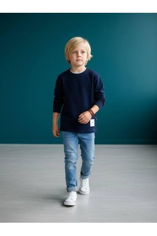 Zekids Erkek Çocuk Pamuklu Dokulu Kumaş İnce Uzun Kollu Sweatshirt-16630 Lacivert