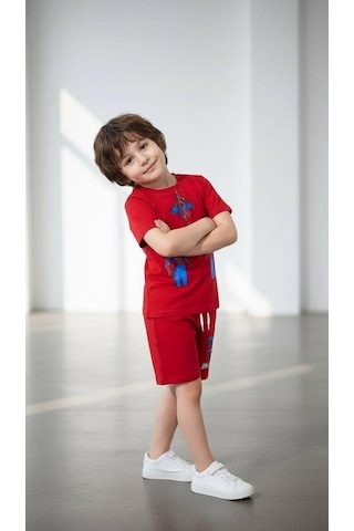Miniko Kids Erkek Çocuk Spiderman Örümcek Adam Modelli Pamuk Şortlu Takım Kırmızı