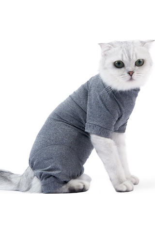 Hombey Kedi Postoperatif Koyu Gri Xs Dört Ayaklı Yara Yalama Engelleme Elastik Kumaş Giysi
