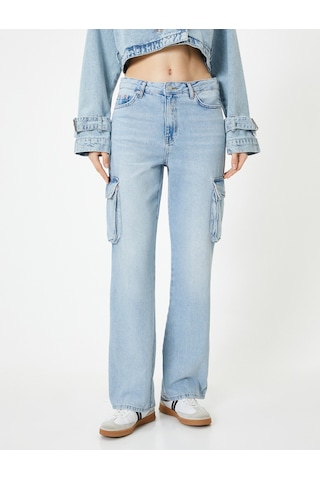 Koton Kargo Kot Pantolon Yüksek Bel Düz Paça Cepli - Nora Longer Straight Jeans Açık İndigo 4sal40421md Açık İndigo