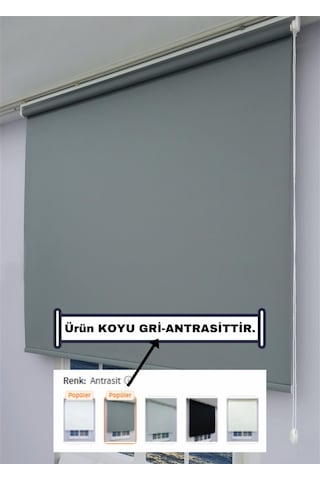 Düz Stor Perde - Kalın Mat Stor Güneşlik Kumaş Keten - Alüminyum Kasa Ve Boru - Eteği Dilimsiz/düz Antrasit