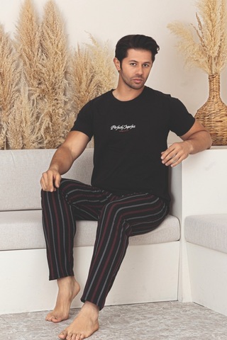 Dreamy Pamuklu Cepli Kısa Kollu Çizgili Erkek Pijama Takımı Siyah