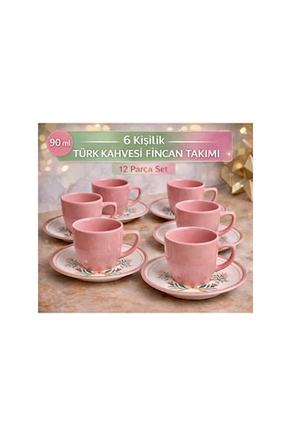 6 Kişilik Türk Kahvesi Fincanı Takımı,12 Parça,90 Ml Seramik Set,mikrodalga/bulaşık Makinesine Uygun Pembe