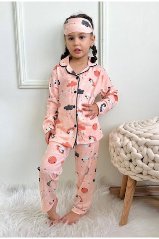 Kız Çocuk Kuzu Bulut Ay Figür Baskı Desenli Düğmeli Pijama Somon