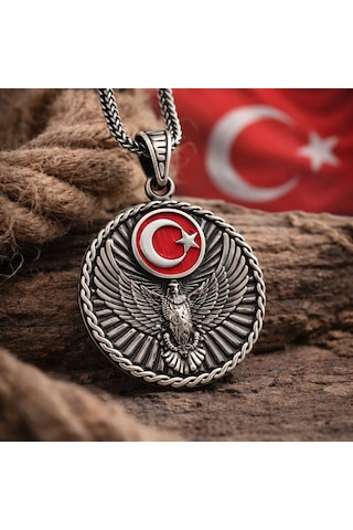 Gümüş Türk Kartalı Ve Ay Yıldız Motifli Erkek Kolye