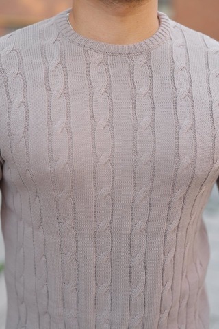 Erkek Örgü Desen Bisiklet Yaka Kazak Gri