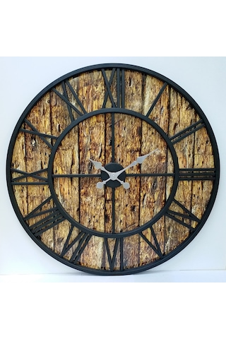 Otantik Ferforje Metal Ahşap Eskitme Duvar Saati 76Cm Ahşap