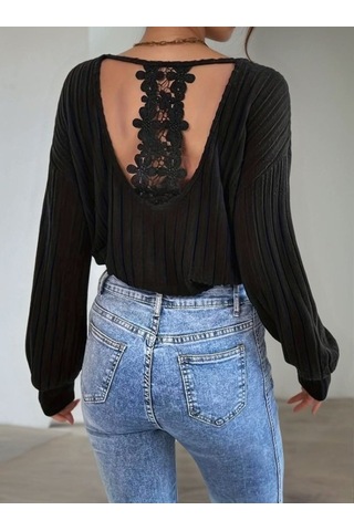 Kadın Uzun Kollu V Yakalı Pencere Sırt Dantel Detaylı Kalın Fitilli Kaşkorse Bluz Antrasit Melanj