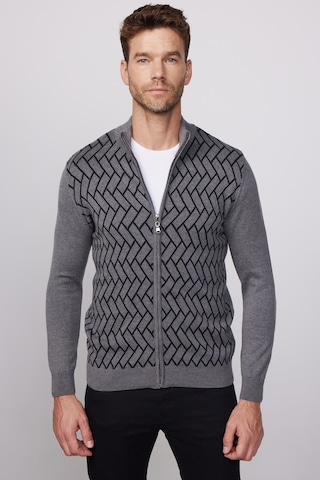 Tudors Erkek Slim Fit Dar Kesim Yarım Balıkçı Yaka Fermuarlı Önü Desenli Gri-siyah Hırka-29525-multi Gri