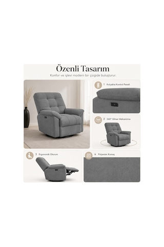 Smarto Relax Porto Comfort Elektrikli Döner Sallanan Tv Koltuğu Kontrol Panelli Ergonomik Polyester Baba Koltuğu Siyah