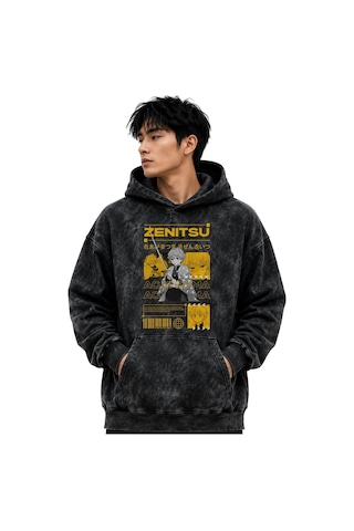 Sevbano Zenitsu Agatsuma Kimetsu No Yaiba Anime Baskılı Unisex Oversize Y Siyah