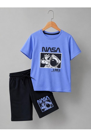 Durukoza Erkek Çocuk Nasa Baskılı Şortlu Takım Mavi Siyah Yazlık Takım 6-14 Yaş