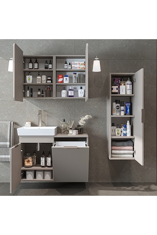 Dubai Mdflam Sepetli Banyo Dolabı Seti, Lavabolu Alt Dolap + Aynalı Banyo Üst Dolabı + Boy Dolabı Kumtaşı