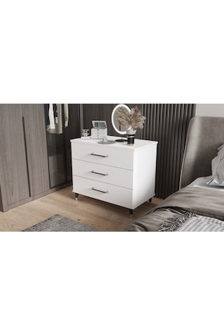 Şifonyer Üç Çekmeceli Aynalı Parlak Beyaz Beyaz