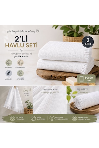 2'li Yüz Havlusu Seti 50x90 Cm Pamuklu El Havlusu Püsküllü Yumuşak Dokulu Yüksek Emici Günlük Kullanım Beyaz