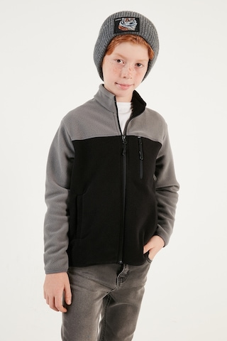 Lela Yumuşak Dokulu Fermuarlı Renk Bloklu Dik Yaka Cepli Hırka Unisex Çocuk Polar 5905001 Gri-Siyah
