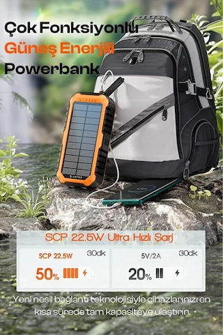 Güneş Enerjili Powerbank 20.000 Mah Taşınabilir Şarj Dahili Kablo Solar Şarj Cihazı Siyah - Turuncu
