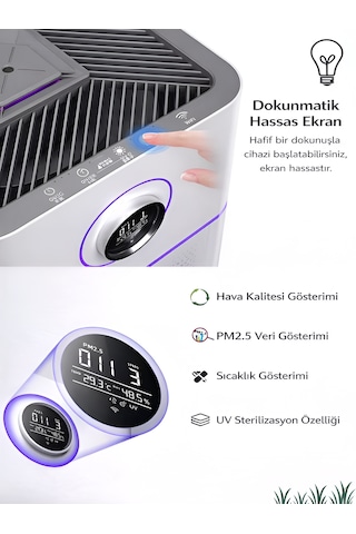 3in1 810m³ Hacim Hava Temizleme Nemlendirme Uv Sterilizasyon Makinesi - Sessiz Beyaz